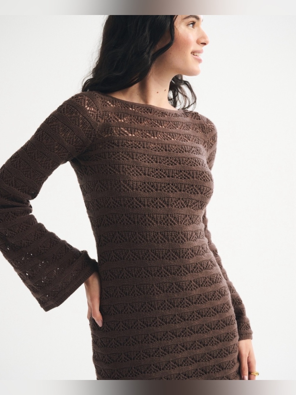 Abercrombie Long Sleeve Crochet Style Mini Dress in Dark Brown - Picture 2 of 12